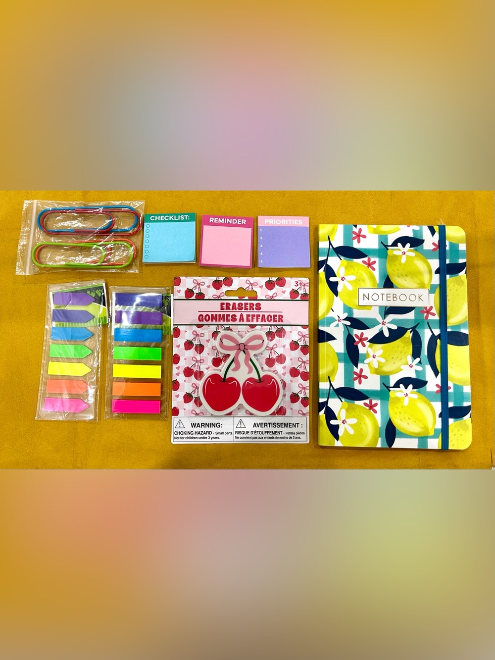Cherry Shaped Eraser & Lemon Floral Notebook Colorful Stationery Set